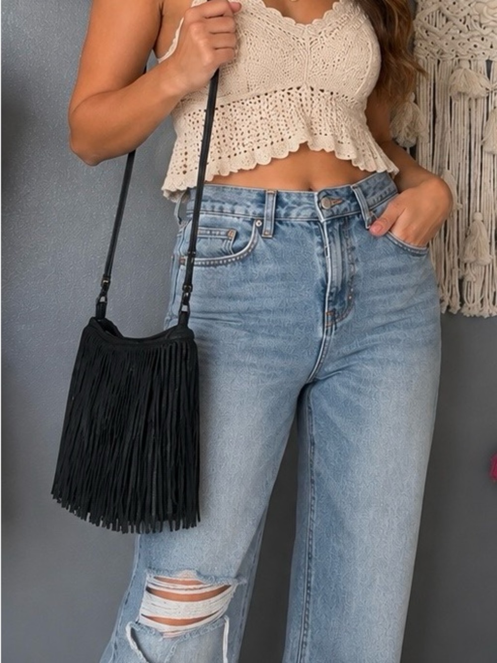McFadin Leather Fringe Crossbody Boho Purse